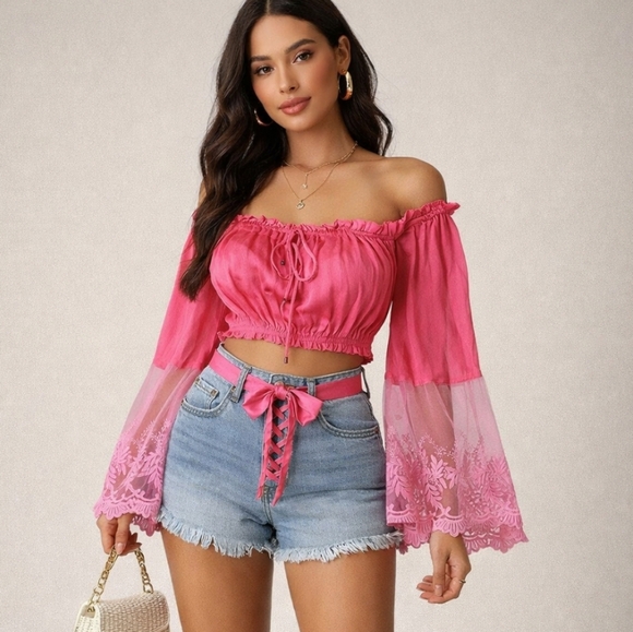 NEW Boho romantic cottage prairie lace embroidered gauzy crop pink large - Picture 2 of 11